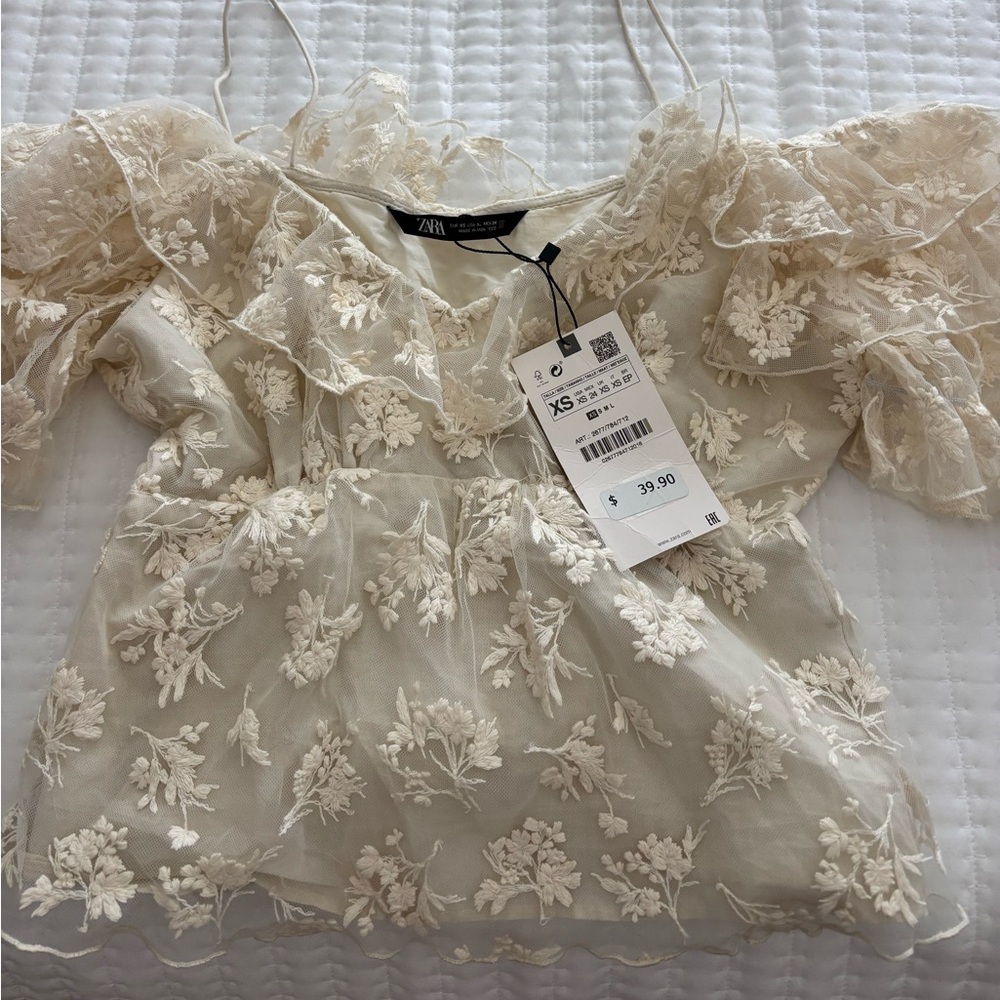 ZARA Cream Floral Embroidered Sheer Blouse
